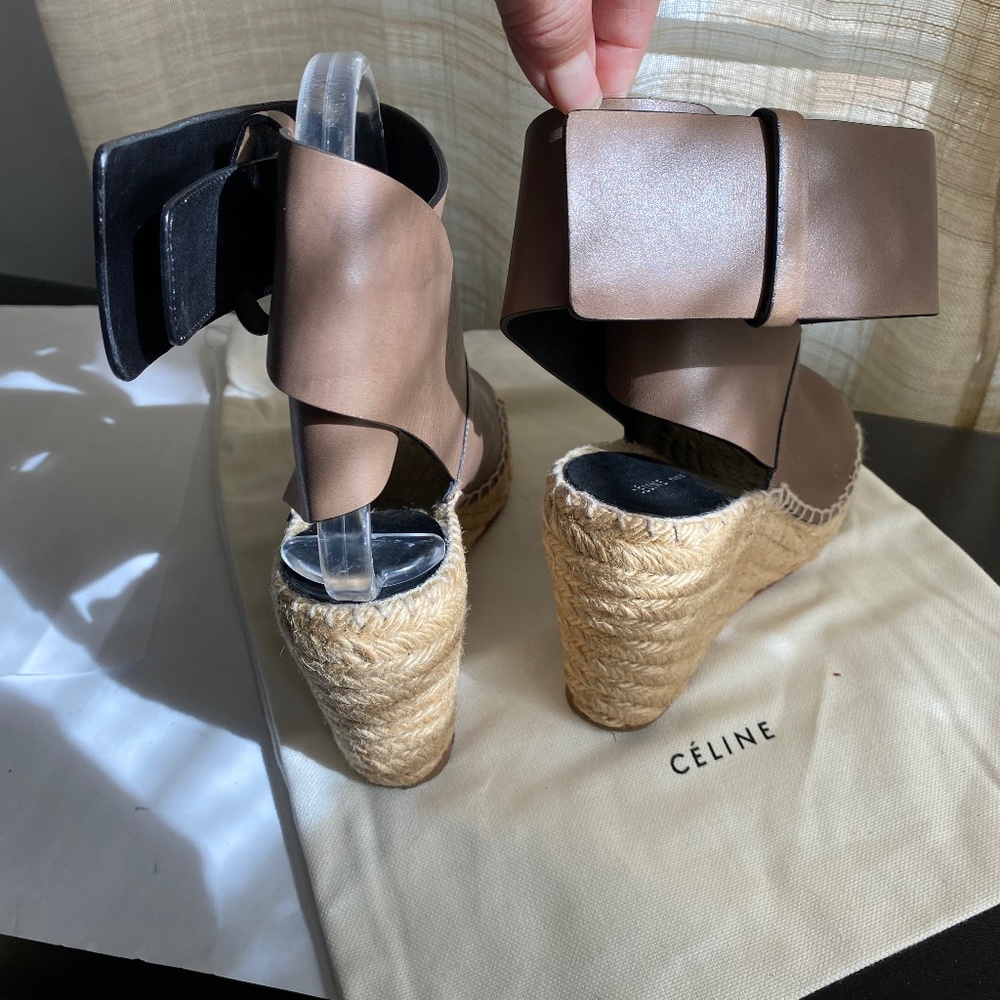 Celine espadrille brown Leather strap wedges ankle strap 36 peep-open toe/heel - Picture 4 of 9